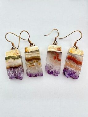 Raw Amethyst Crystal Geode Slice Dangle Earrings Rockhound Natural Festival Boho